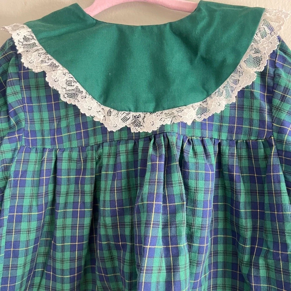 Plaid Lace Ruffle Dress‎ Girls 2T Green Tartan Prairie Cottagecore